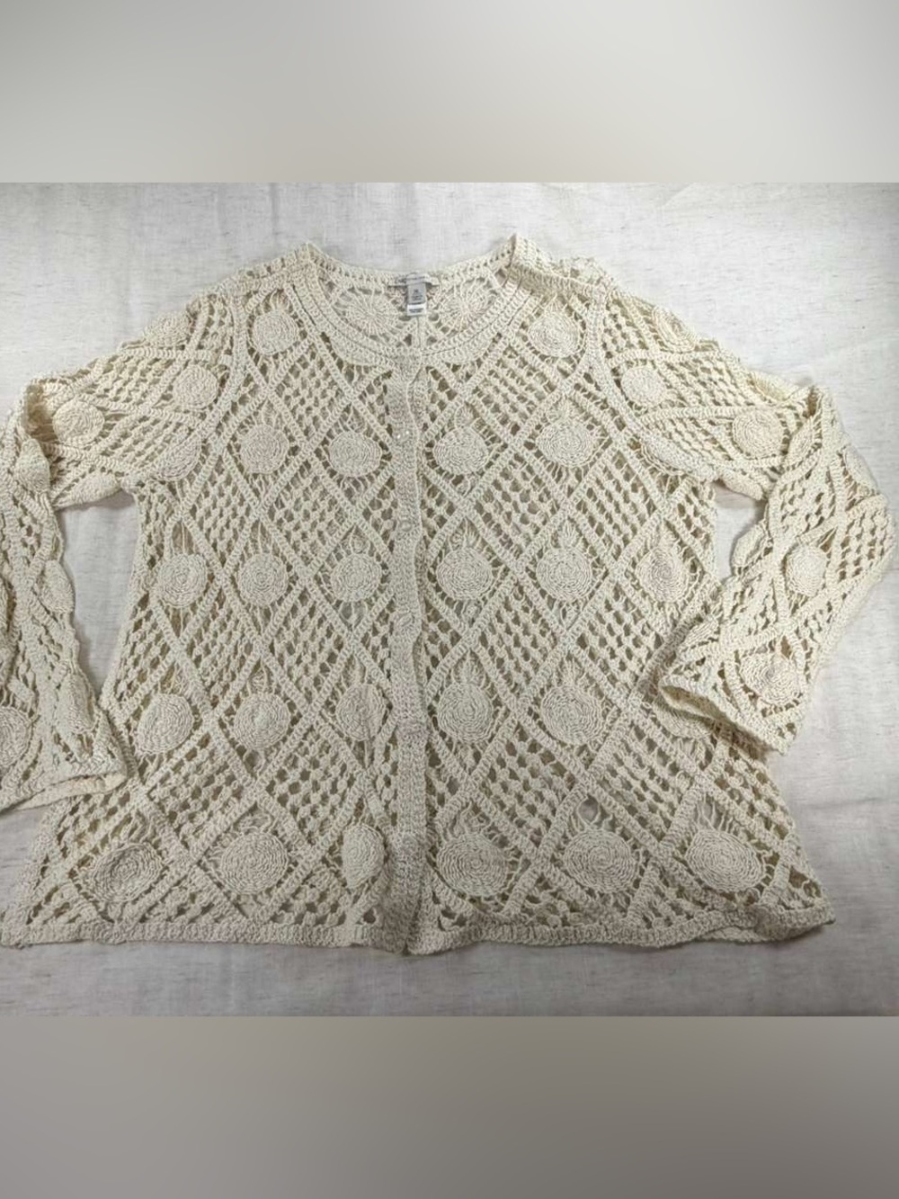 Cato Open-Knit Crochet Crewneck Sweater - Cream